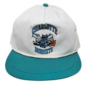 Deadstock 90s NBA Charlotte Hornets Snapback Hat White Teal Basketball White
